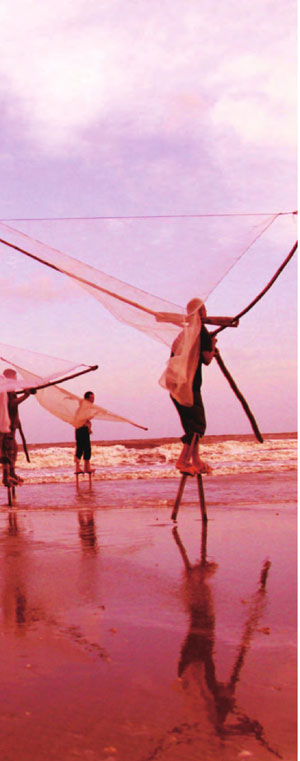 踩着高跷捕鱼是京族人传统的劳作方式。