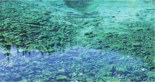 蓝绿掺杂的湖水清晰见底，仿佛一块嵌在地面的碧玉。