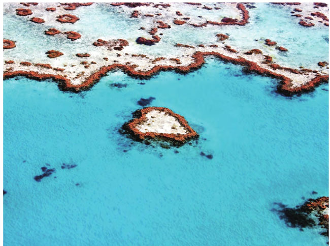 心形岛岛心呈白色，四周被一片瓦蓝的大海环绕，蓝白相间之际，多了几分深远与澄净。